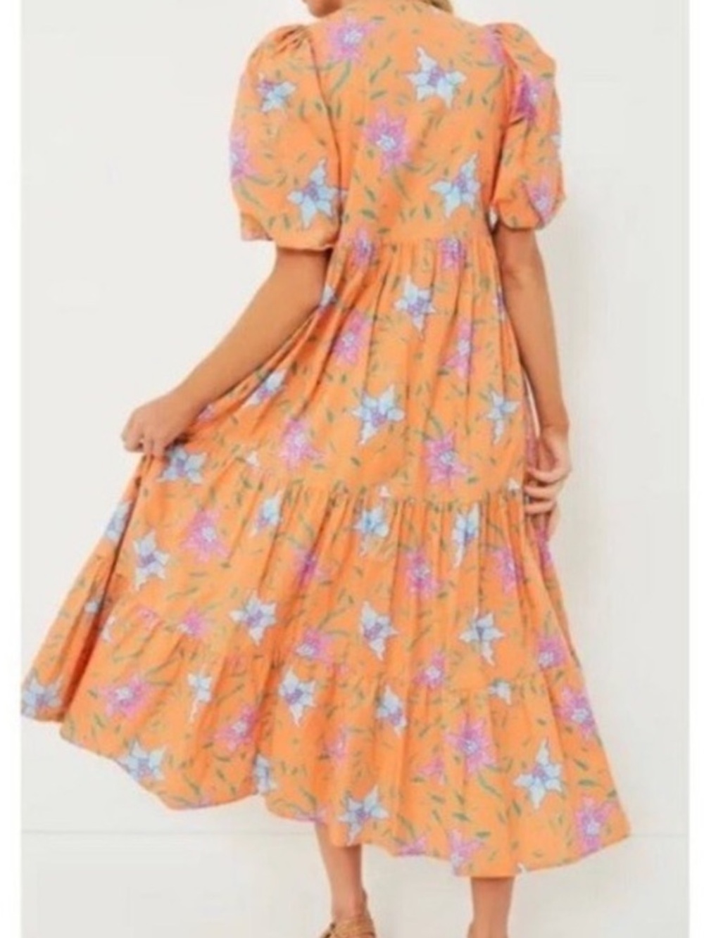 Orange Floral Puff-Sleeve Tiered Maxi Dress
